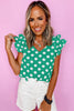 Green Polka Dot Print Ruffled Sleeve V Neck Blouse