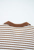 Khaki Stripe Plus Size Collared V Neck Loose Pullover Drawstring Elastic Waist Wide Leg Pant Set