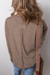 Black Acid Wash Waffle Knit Buttoned Neckline Long Sleeve Top