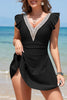 Black Ruffled Short Sleeve Lace Trim V Neck One Piece Swim Dress
