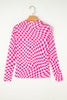 Rose Checkered Pattern Mesh Mock Neck Long Sleeve Top