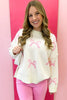 Pink Bow Print Ribbed Trim Exposed Seam Drop Shoulder Loose Sweater