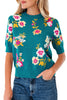 Blue Flower Pattern Mock Neck Short Sleeve Knitted T Shirt