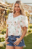 Pink Floral Puff Sleeve V Neck Tied Front Peplum Blouse