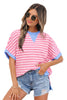 Pink Stripe Contrast Trim Loose Short Sleeve Top