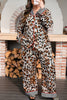 Khaki Plus Leopard Print Contrast Piping Striped Patchwork 2pcs Long Pajama Set