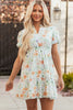 Beige Floral Print Shirred High Waist Puff Sleeve Mini Dress