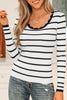 Black white Scalloped Trim U Neck Striped Ribbed Slim Sweater