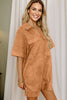 Thai Curry Collared V Neck Faux Suede Short Sleeve Shift Mini Dress