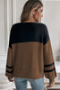 Dark Brown Color Block Knit Striped Sleeve Detail Casual Sweater