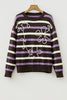 Brown Stripe Embroidered Detail Drop Shoulder Pullover Sweater