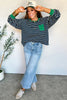 Green Stripe Ribbed Color Block Patchwork Crew Neck Patch Pocket Long Sleeve Top