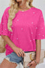 Bright Pink Pearl Beaded Drop Shoulder Crewneck T Shirt