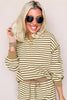 Brown Stripe Textured Drop Shoulder Pullover Top Drawstring Mini Skirt Two Piece Dress Set