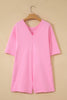 Pink Solid Color Raw Edge Half Sleeve Pocketed Loose Romper