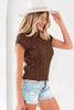 Dark Brown Cable Texture Crew Neck Short Sleeve Sweater Top