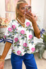 White Floral Colorblock Stripe Knot Bubble Sleeve V Neck Blouse