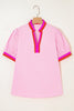 Pink Contrast Striped V Neck Collision Short Puff Sleeve Blouse