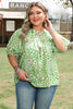 Green Plus Size Floral Tassel Tie Split Neck Puff Sleeve Blouse