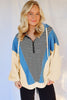 Black Stripe Denim Color Block Quarter Zip Baggy Drawstring Hoodie