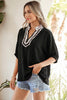 Black Dolman Half Sleeve Leopard Patchwork Trim V Neck Blouse