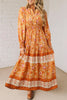 Orange Floral Print Smocked Waist Long Sleeve Boho Maxi Dress