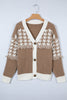 Khaki Houndstooth Color Block V Neck Raw Edge Button Front Cardigan