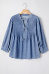 Myosotis Denim Front Pintuck Bow Tie Puff Sleeve Top