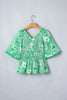 Green Flirty Floral Smocked V Neck Blouse