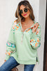 Clearly Aqua Lace Floral Patchwork Half Button Hooded Pullover