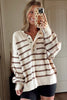 Brown Stripe Ribbed Henley Drop Shoulder Slouchy Sweater