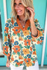 Orange Frilled V Neck Floral Print Bracelet Sleeve Blouse