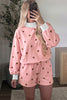Brown Polka Dot Ribbed Trim Long Sleeve Top Casual Short Set