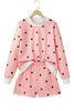 Brown Polka Dot Ribbed Trim Long Sleeve Top Casual Short Set
