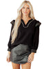 Black Contrast Stitched Detail V Neck Ruffle Long Sleeve Blouse