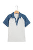 White Textured Color Block Denim Patchwork Polo Collar Tee