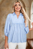 Sky Blue Stripe Shirt Collar V Neck Ricrac Trim 3/4 Puff Sleeve Blouse