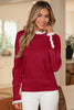 Racing Red Lace Trim Patchwork Buttoned Cuffs Loose Sweater