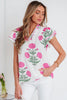 Pink Wild Flower Print Contrast Trim Scallop Detail Short Sleeve Blouse