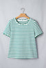 Green Stripe Scalloped Trim Round Neck T Shirt
