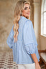 Sky Blue Stripe Shirt Collar V Neck Ricrac Trim 3/4 Puff Sleeve Blouse