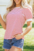 Red Stripe Contrast Trim Round Neck Short Puff Sleeve T Shirt