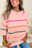 Green Colorblock Striped Half Sleeve Drop Shoulder Sweater