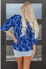 Blue Botanical Print Bracelet Sleeve Notched Neck Blouse