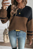 Dark Brown Color Block Knit Striped Sleeve Detail Casual Sweater