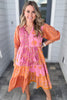 Pink Boho Paisley Floral Mixed Patchwork Tassel Tie Plus Size Midi Dress