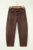 Coffee Solid Color Square Patch Pocket Ankle-length Barrel Jeans