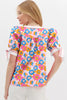 White Floral Colorblock Striped Edge V Neck Knotted Short Sleeve Blouse