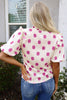 Rose Polka Dot Print Shirred Yoke Notched Neck Balloon Sleeve Blouse