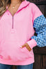 Parchment Checkered Patchwork Kangaroo Pocket Half Zipper Hoodie